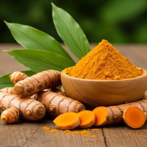 Frische Kurkuma-Wurzeln und Kurkuma-Pulver in einer Holzschale zur Veranschaulichung natürlicher Nahrungsergänzung.